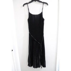 Sam Edelman Black Satin Plisse Midi Dress Spaghetti Straps Belted‎ XL